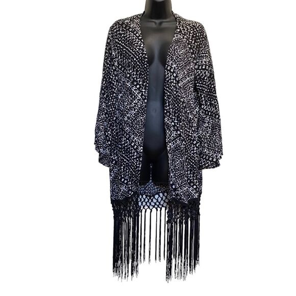 Boom Boom Jeans Sweaters - Boom Boom Jeans Abstract Print Macrame Fringe Open Front Cardigan Cover-Up L/XL